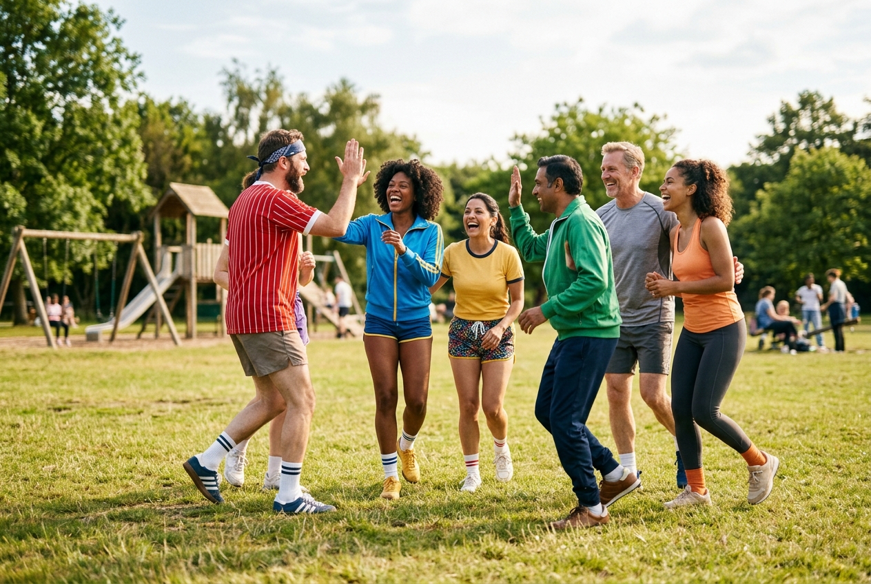 Group high-fiving outdoors after a game