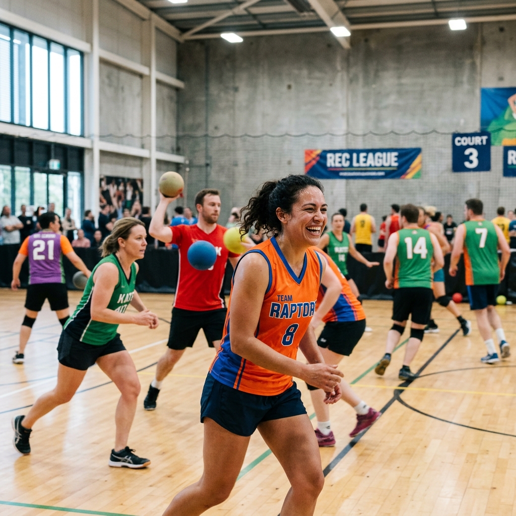 Adults playing a fast-paced team game indoors, dodging and smiling.