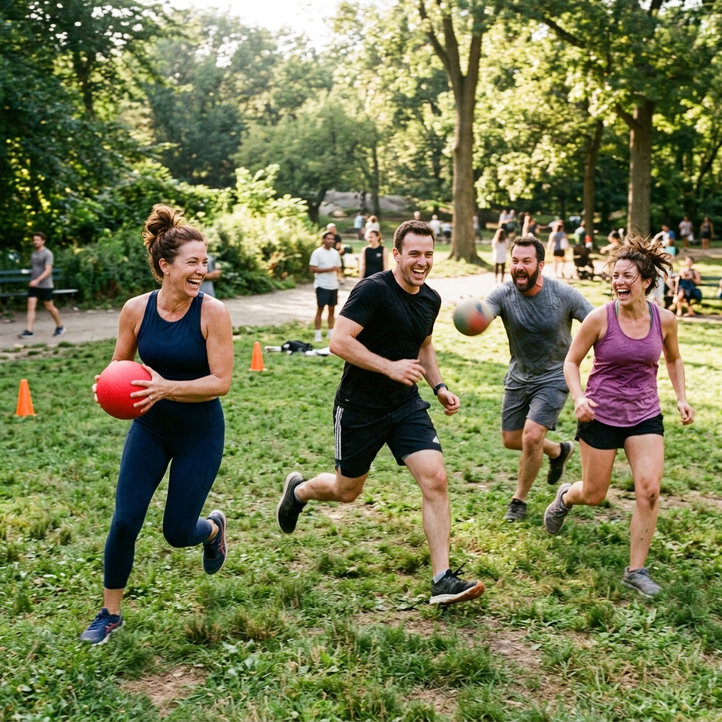 Adults playing a high-energy game of dodgeball outdoors, laughing and having fun.